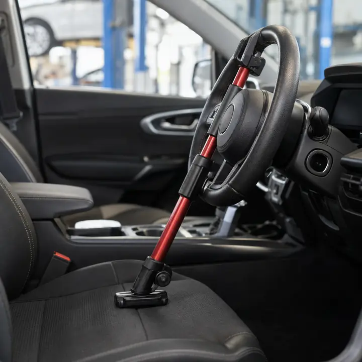 A steering-wheel holder keeping the wheel centered during an alignment