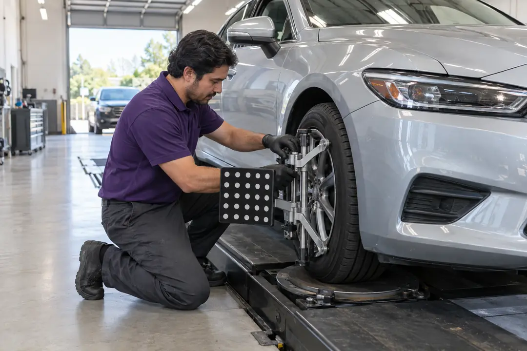 A technician clamps an alignment target to a front wheel on the rack